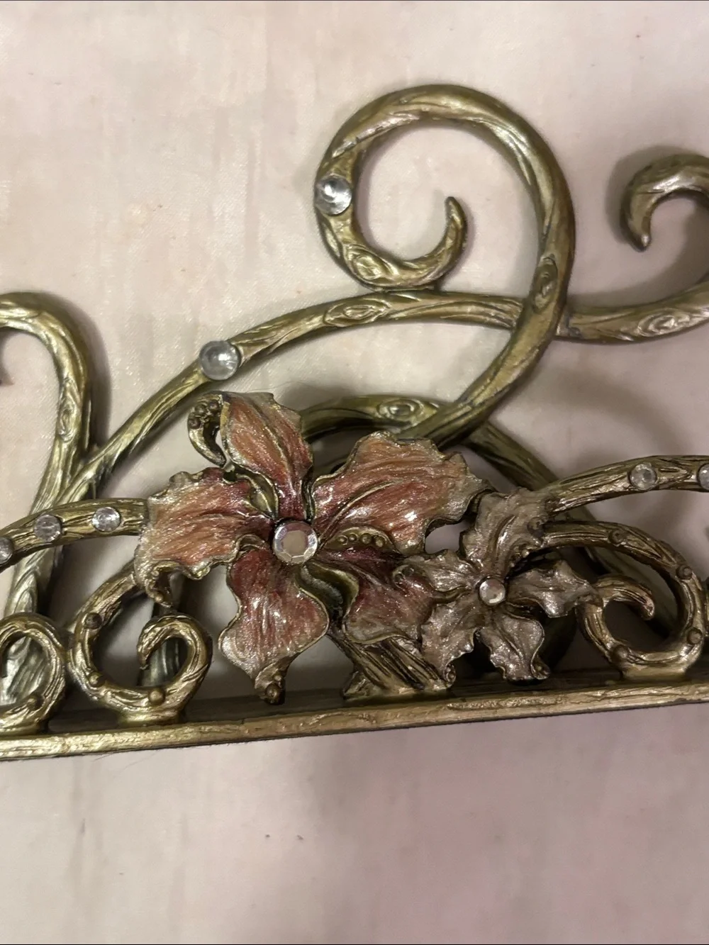 Enameled Ornate Gold Floral Business Card Holder with Rhinestones